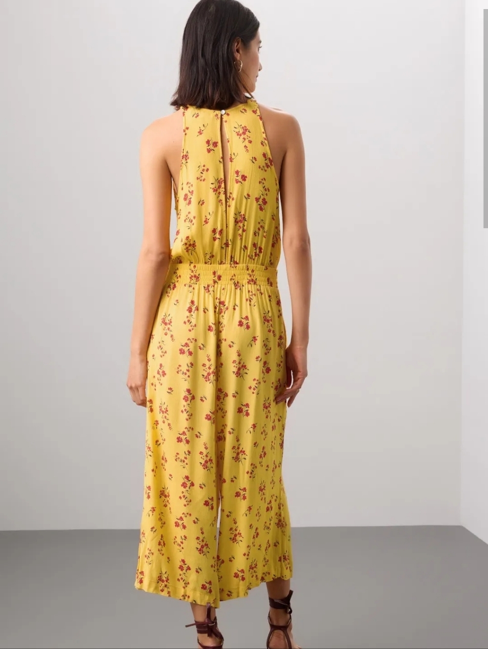THAKOON Yellow Floral Sleeveless Back Button Closure Wide Leg Jumpsuit Size 6 - Picture 2 of 10